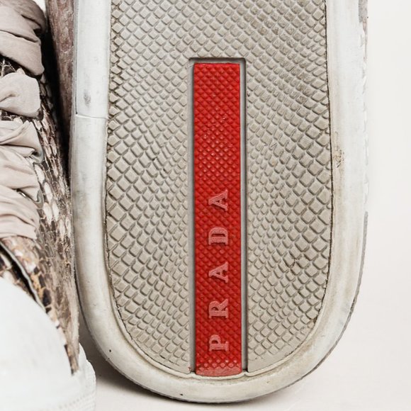 Prada Red Label Taupe Snake Print Satin Ribbon Tied Sneakers, Size 7.5 - Picture 5 of 11